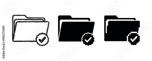 Icon set of checkmarked folders in sketch, filled, and silhouette styles