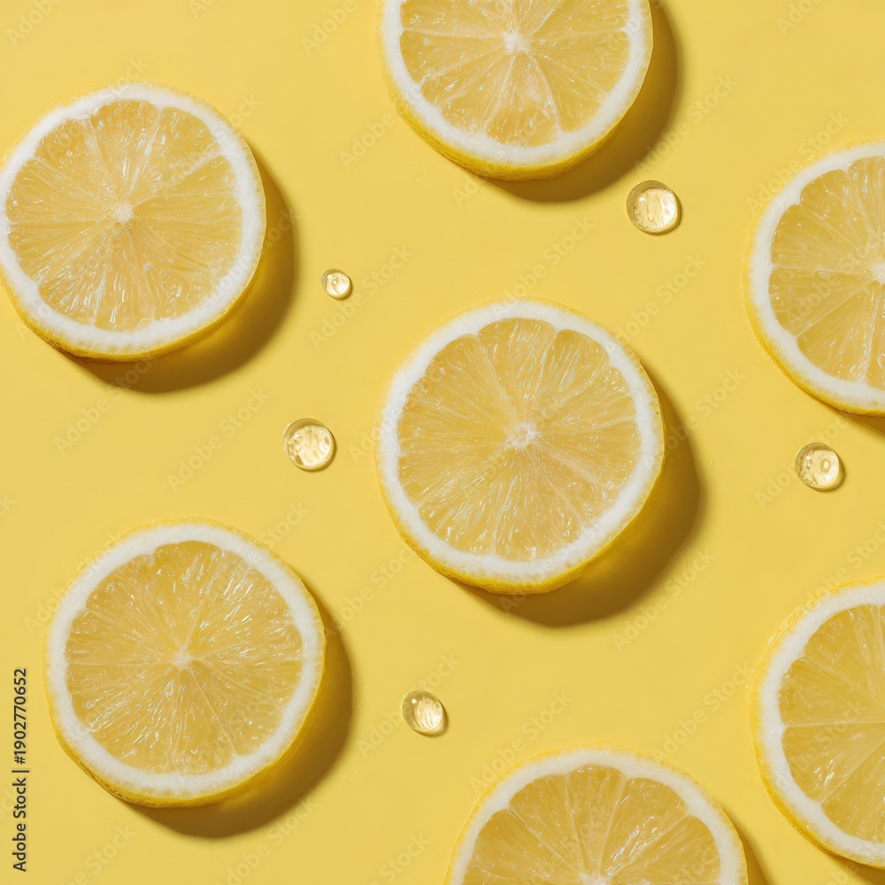 Fototapeta premium Fresh lemon slices and drops on yellow background