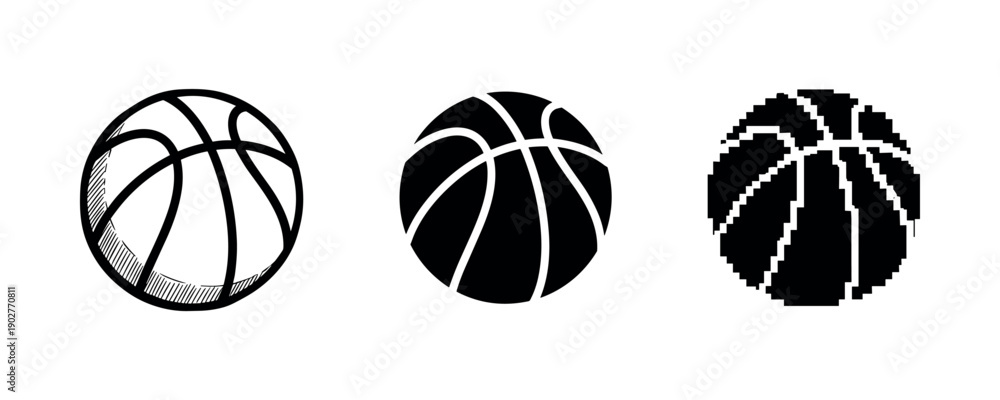 Obraz premium Three basketball designs: sketched, solid, and pixelated styles