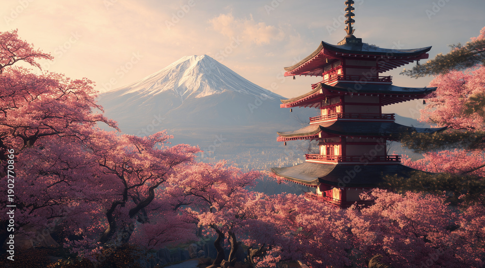 Fototapeta premium Mount Fuji with traditional pagoda and cherry blossoms in full bloom at sunrise