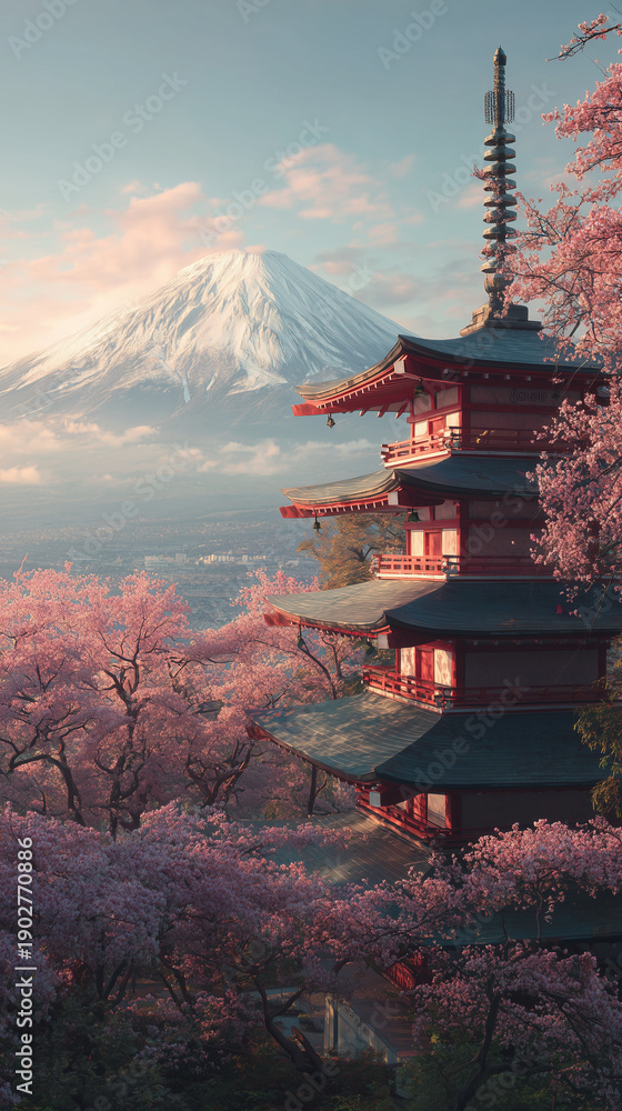 Obraz premium Mount Fuji with traditional pagoda and cherry blossoms in full bloom at sunrise