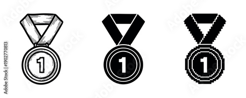 Set of three artistic first place medals: sketch, silhouette, pixel styles on white background