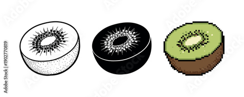 Variety of kiwi illustrations in monochrome, silhouette, and pixel art styles