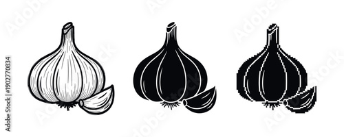 Illustrated garlic bulbs: hand-drawn, silhouette, pixel art styles