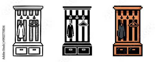 Triple wardrobe designs featuring clothes hangers and hooks