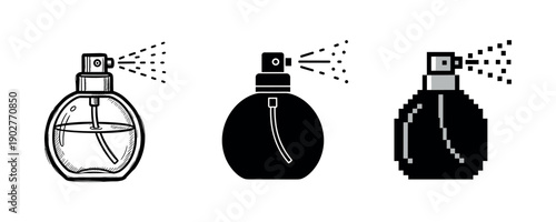 Three perfume bottle illustrations: sketch, solid, pixel art on white background