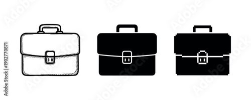 Set of three briefcase icons in outline, solid, and silhouette styles