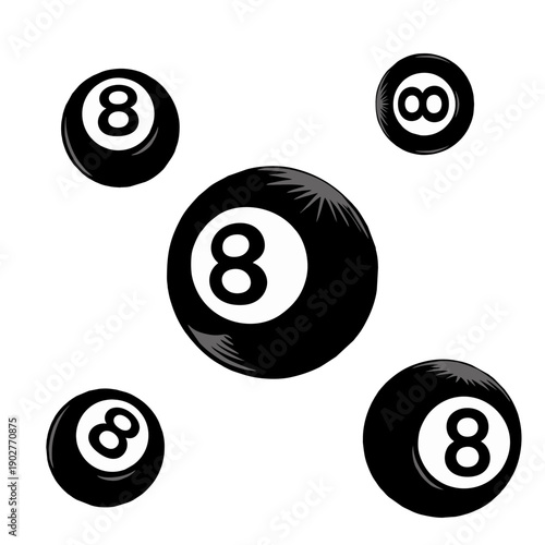 Collection of Black Number 8 Billiard Balls for Sports and Gaming Assets