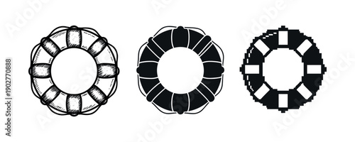 Three lifebuoy designs: hand-drawn, silhouette, pixel art on white background