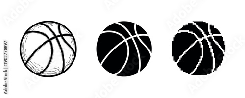 Three basketball designs featuring sketch, solid, and pixel art styles