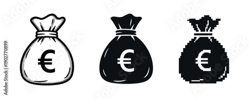 Three euro money bags in sketch, solid, and pixel art styles
