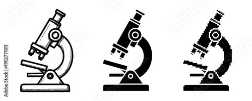 Stylized black and white microscope designs: sketch, solid, pixel art variations