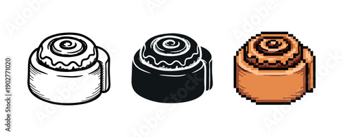 Stylized cinnamon roll trio: black and white, silhouette, pixel art