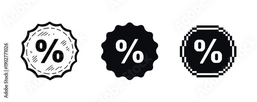 Set of three black and white percentage icons with different designs
