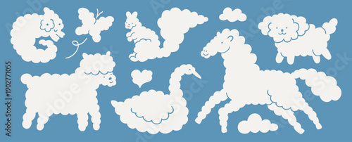 Illustration of white clouds in the shape of animals on light blue background. Cloud dancer and blue colors. Different cloudy animal set. Print for kids, banner design. Dog, squirrel, butterfly.