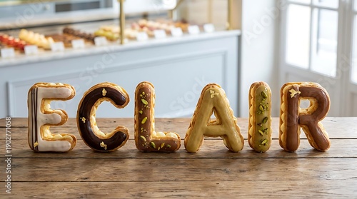 Gourmet eclairs shaped into letters spelling eclair in bakery