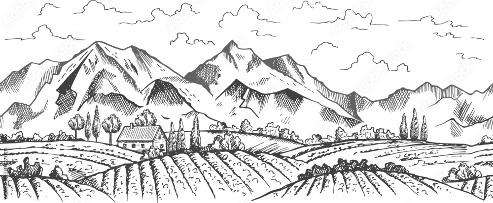 Obraz premium A mountain range with a house in the valley