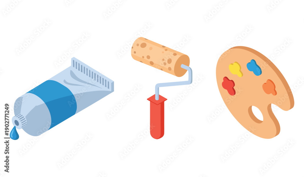 Fototapeta premium Artistic tools: paint tube, roller, and palette for creative projects