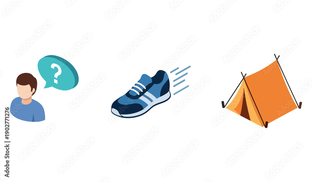Obraz premium Concepts of inquiry, movement, and adventure with person, sneaker, and tent icons