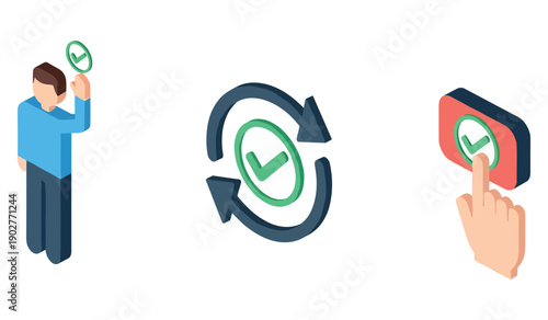 Isometric update and approval icons with check marks and arrows
