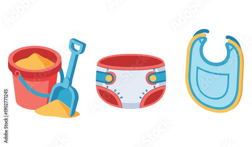 Baby essentials: sandbox toys, diaper, and bib illustration