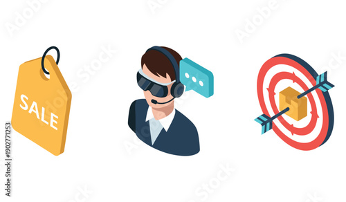 Business icons: sale tag, customer support, target with arrows