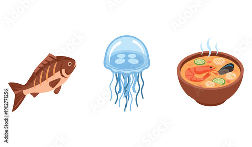 Seafood ingredients: fish, jellyfish, and soup bowl illustration