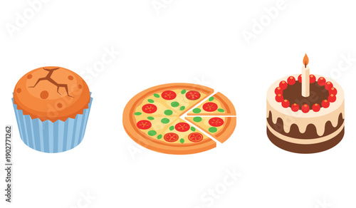 Delicious food icons: cupcake, pizza slice, chocolate cake