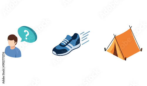 Concepts of inquiry, movement, and adventure with person, sneaker, and tent icons