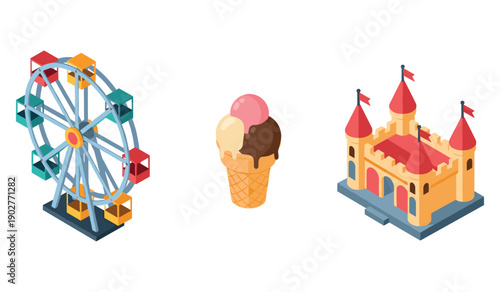 Colorful ferris wheel fun with ice cream and castle imagery