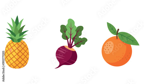 Colorful pineapple, beetroot, and orange illustration on white background