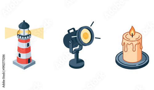 Icon set: lighthouse, spotlight, and candle with soft glow on white background