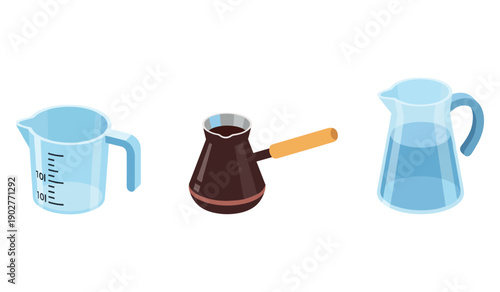 Collection of kitchen vessels including measuring cup, turkish coffee pot, and water jug
