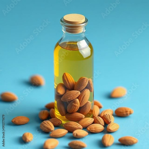 A glass bottle containing almonds and almond oil, AI Image.