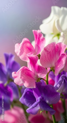 A detailed, soft-focus macro shot of delicate sweet pea flowers, highlighting the textured petals and vibrant fresh green stems under dreamy, ethereal light, peaceful, beauty, green