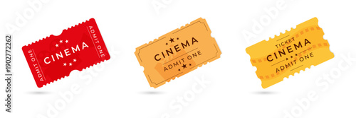 Cinema ticket set with movie camera, clapper and film strip icons. Vector illustration.