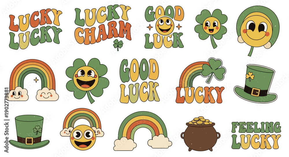 Fototapeta premium Lucky Charm Stickers with Rainbows, Clovers, and Pots of Gold for St