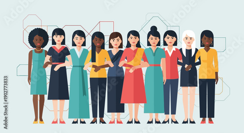 A diverse group of women standing together in solidarity celebrating unity and empowerment
