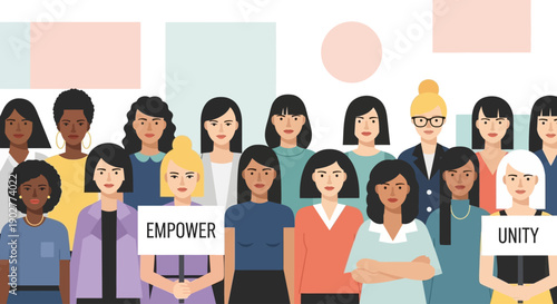 Diverse group of women standing together with signs promoting empowerment and unity, celebrating solidarity and strength