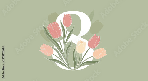 Beautiful bouquet of tulips artfully arranged behind a large number 8, symbolizing International Women's Day celebration