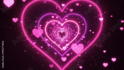 valentines day neon hearts on dark background loop animation, valentine and romantic love background, shiny and glowing neon lights hearts
