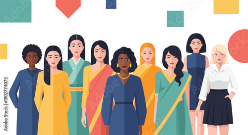 Diverse group of women from various ethnicities and backgrounds standing together in solidarity and unity