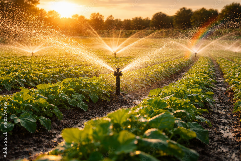 Obraz premium Irrigation system spraying water on crops during sunset glow
