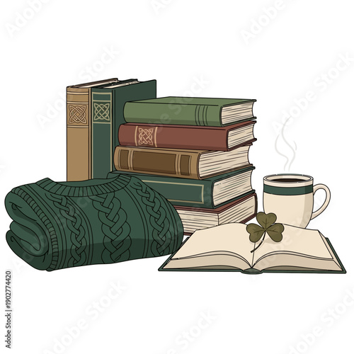 Cozy autumn reading nook with a stack of books, a warm sweater, and a steaming cup of coffee, perfect for a relaxing afternoon