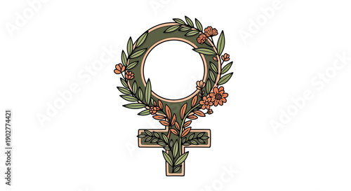 Feminine Symbol Decorated with Flowers and Leaves, Representing Nature and Female Power