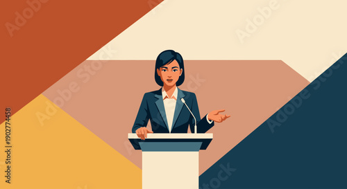 Woman confidently speaking at a podium with a microphone, delivering a speech or presentation in a professional setting, abstract colorful background
