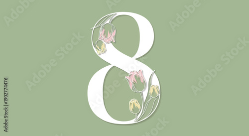 Elegant floral number 8 illustration with delicate tulips and green background