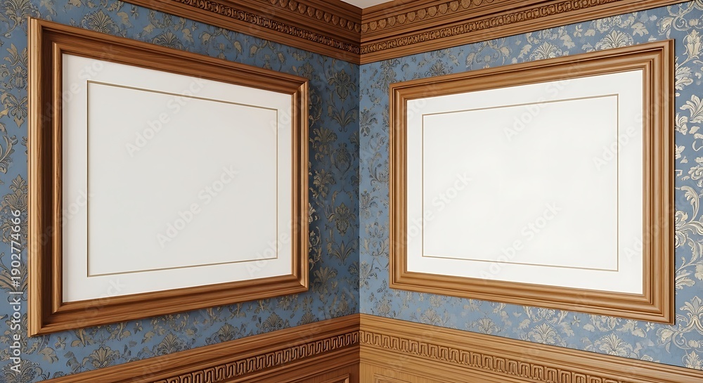 Fototapeta premium Luxurious room corner with ornate wallpaper and empty picture frames in gold
