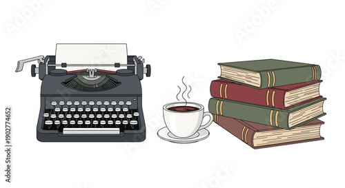 Vintage Black Typewriter With Stack Of Colorful Books And Steaming Coffee