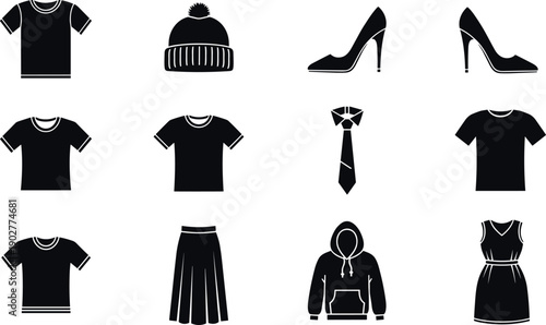 Black Minimalist Clothing and Fashion Accessory Icon Set Featuring T-Shirts Shoes Skirts Hoodies and Winter Wear Vector Graphics for Design
